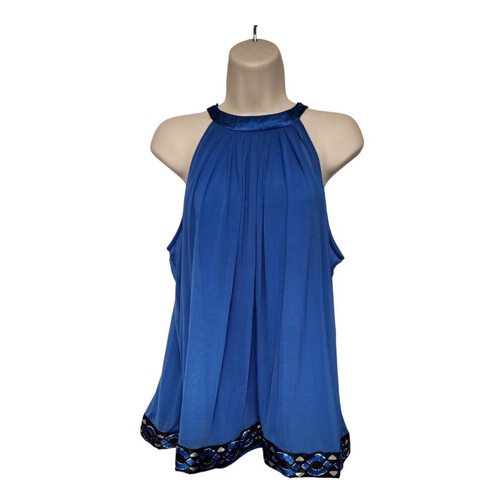 Womens High Neck Pleated Chiffon Colbat Blue Top Blouse Size Small